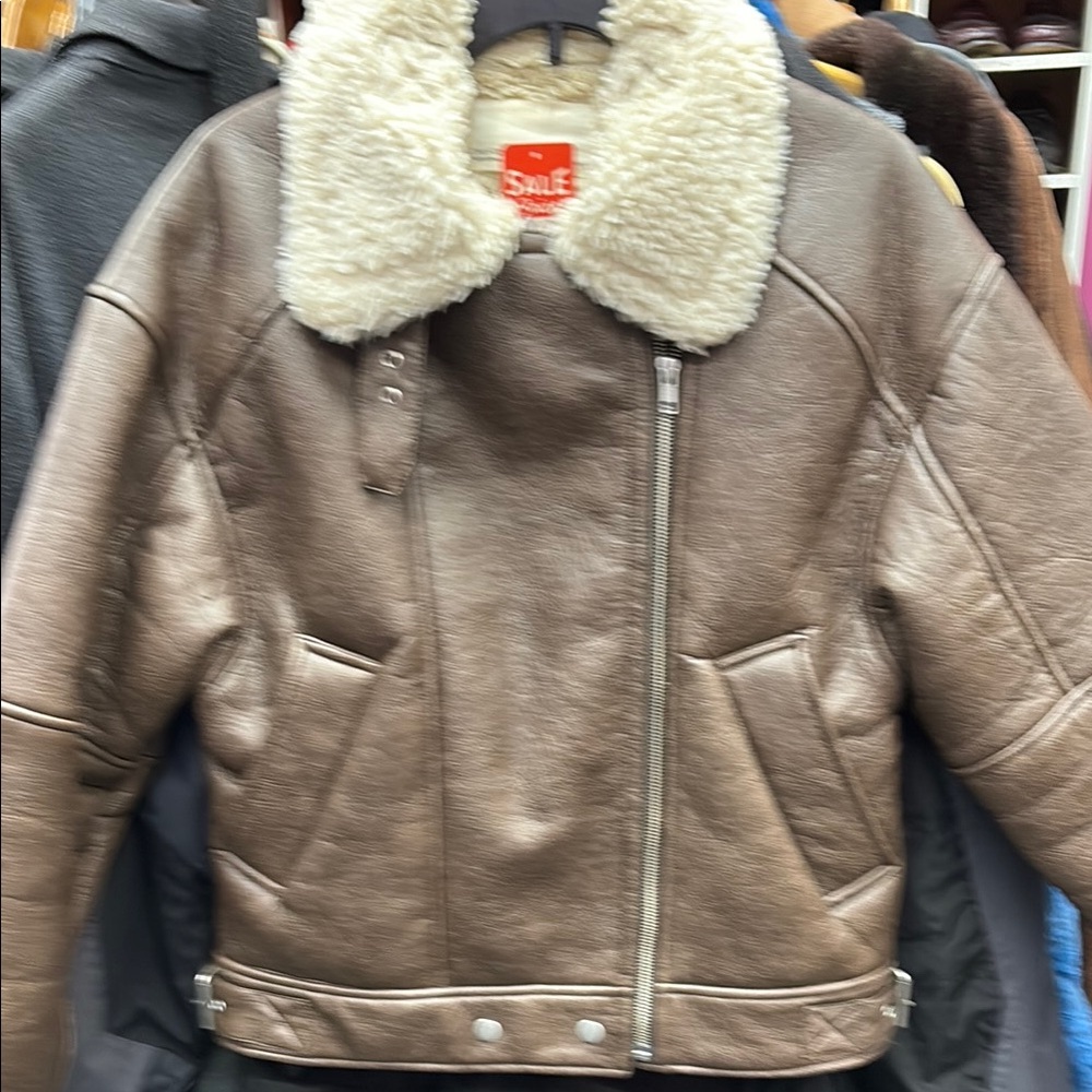 Brown Shearling Leather Jacket Viscose 71% Polyes… - image 1